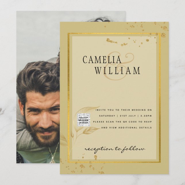 Foto Bröllopsinbjudan QRCode RSVP Guld Gul Inbjudningar (Fram/baksida)