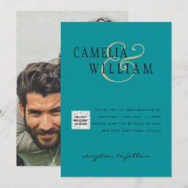 Foto Bröllopsinbjudan QRCode RSVP SeaGlass Turkos Inbjudningar