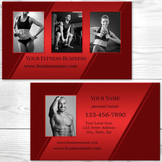 Foto Burgundy Röd Personlig Tränare Fitness Visitkort (Fitness or professional personal trainer business card in red and burgundy with custom photos)