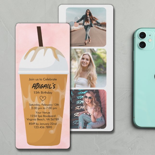 Foto Chic Trendig  Rosa Iced Coffee Birthday Inbjudningar (Skapare uppladdad)