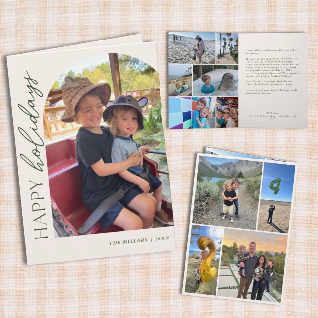 Foto Collage 11 Foto Årsöversikt Båge Vikad Helgkort (Happy holidays card family photo collage with text)