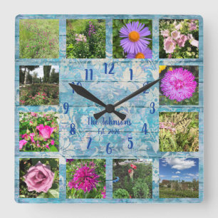 Foto Collage Blå Shabby Chic Trä Fyrkantig Klocka