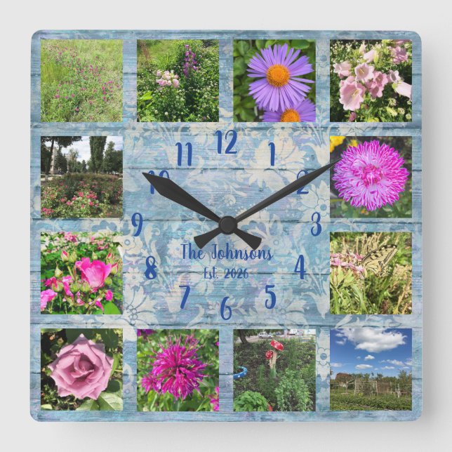 Foto Collage Blå Shabby Chic Trä Fyrkantig Klocka (Framsida)