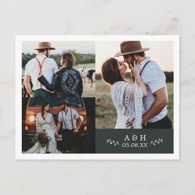 Foto Collage Blad Monogram Bröllop Tacksamhetskort Meddelande Vykort (Framsida)