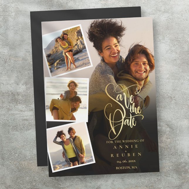 Foto Collage Bröllop Guld Spara Datum Magnetisk Inbjudningskort (Photo Collage Wedding Gold Save The Date Magnetic Invitation)