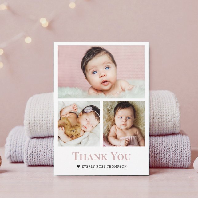 Foto Collage dammig rosa Flicka Bebis shower  Tack Kort (Modern mom baby girl pink  baby shower thank you photo collage card.)