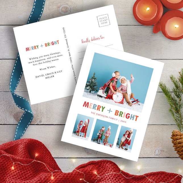 Foto Collage Jul Glad och Ljust Helg Vykort (Holiday Merry and Bright Card
)