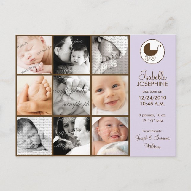 Foto Collage Lavender Baby Birth Notice Meddelande Vykort (Framsida)