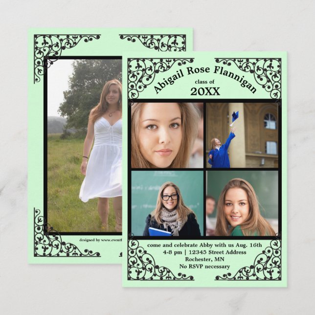 Foto Collage Mint Lace - 3x5 Examenstillkännagivan Inbjudningar (Fram/baksida)