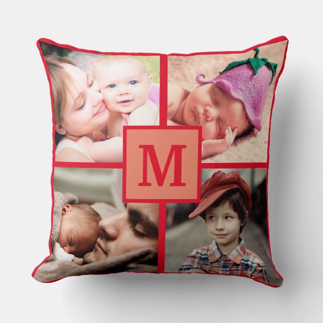 Foto Collage Monogram Personlig Röd Bilder Kudde (Framsida)