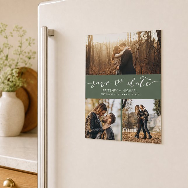 Foto Collage Mörk Salvia Enkel Spara Datum (Announce your wedding with this custom photo collage save the date design. )
