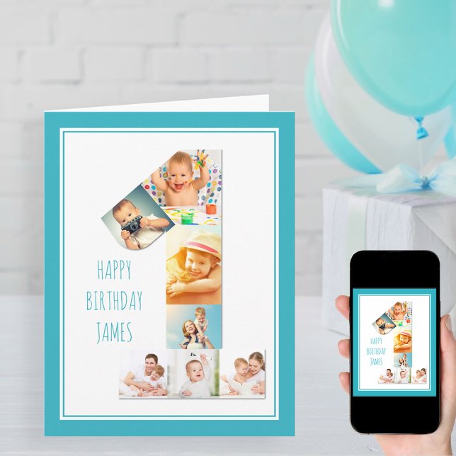 Foto Collage Number 1 Boy's First Birthday Kort (Skapare uppladdad)