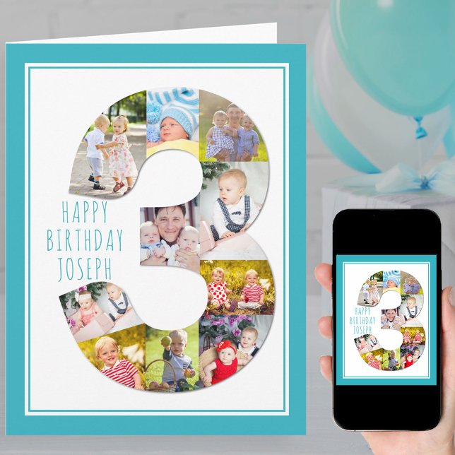 Foto Collage Number 3 Boy's 3rd Birthday Kort (Skapare uppladdad)