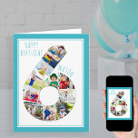 Foto Collage Number 6 Boy's 6e Birthday Card Kort<br><div class="desc">Unikt och personlig 6e-födelsedagskort för en liten pojke. Fotomallen är konfigurerad så att du kan lägga till ditt favoritfoto i bilder 6 med fotokollage plus ett extra-speciellt foto inuti. Du kan också lägga till hans namn till framsidan och anpassa födelsedagen hälsning inuti. Smalan har typsnitt, vit typografi med en turkospalett...</div>