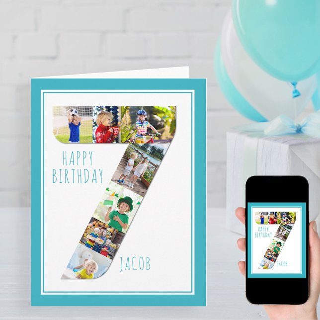 Foto Collage Number 7 Boy's 7:e Birthday Card Kort (Skapare uppladdad)
