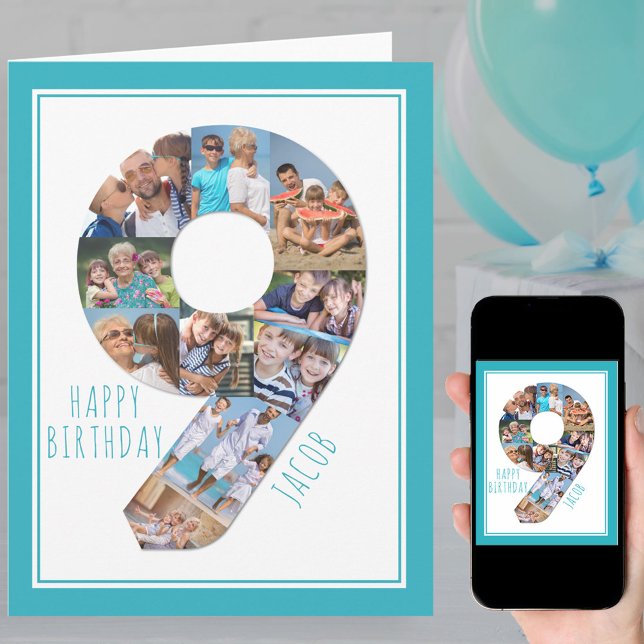 Foto Collage Number 9 Boy's 9:e födelsedagskort Kort (Skapare uppladdad)