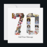 Foto Collage Nummer 70 Julkort<br><div class="desc">Denna anpassningsbara produkt är där foton är arrangerade för att bilda formen av ett nummer. Den används ofta för milstolpsfiranden som födelsedagar, årsdagar eller prestationer, vilket gör det möjligt för användare att visa minnesvärda bilder inom en enda, iögonfallande display. Designen erbjuder vanligtvis utrymmen för olika fotostorlekar och orienteringar, vilket säkerställer...</div>