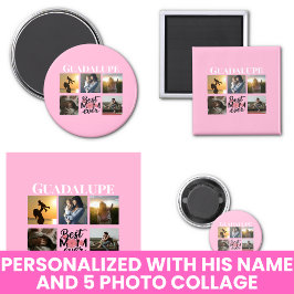 Foto Collage och Mamas Namn Rosa Magnet