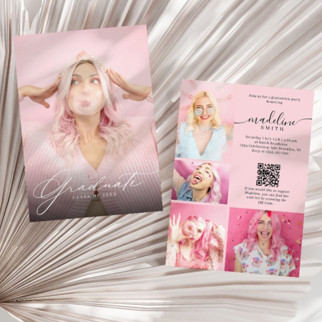 Foto Collage QR-kod Blush Rosa Examenfest Inbjudningar (Skapare uppladdad)