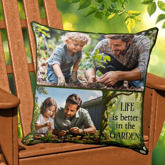 Foto Collage Rolig Trädgård  Kudde (Pillow featuring a family photo collage with a green garden theme)