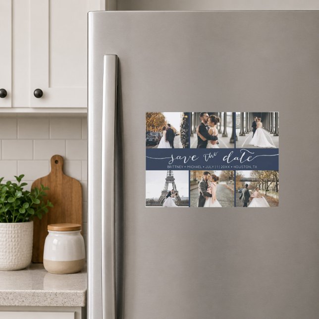 Foto Collage Save the Date Marinblå (Classic navy blue six photo save the date magnet featuring elegant handwritten script typography)
