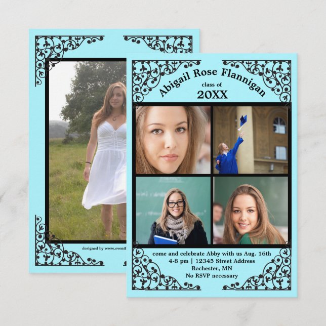 Foto Collage Teal  Spets - 3x5 Grad Examensannonse Inbjudningar (Fram/baksida)