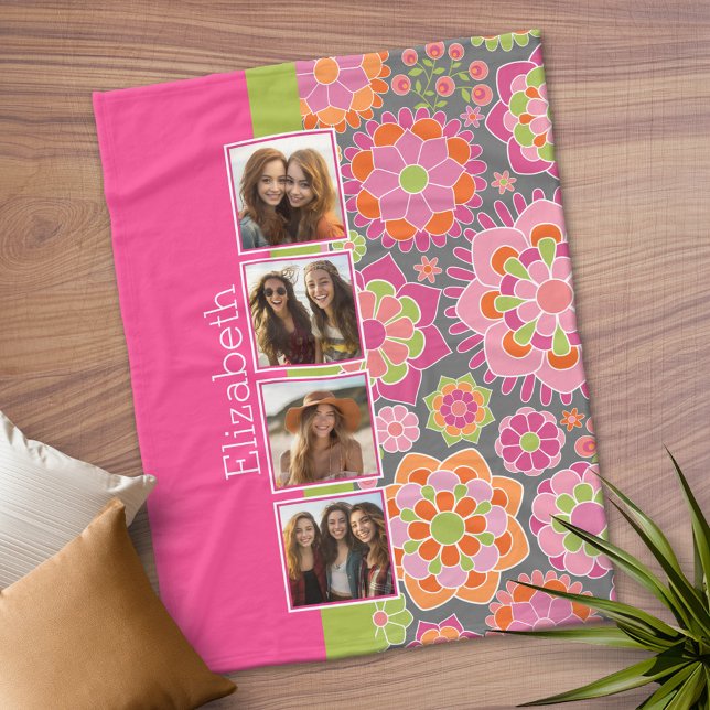 Foto Collage Varm Rosa Orange Funky Blommor Fleecefilt (Personalized Fleece Blanket)