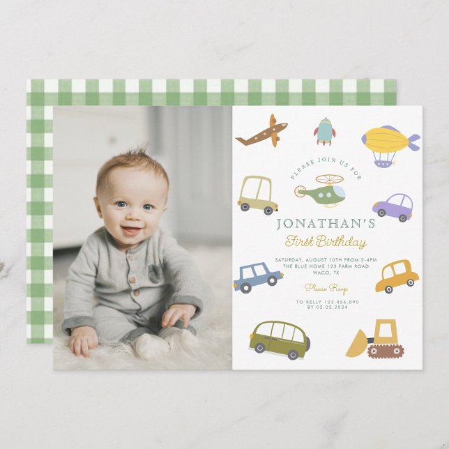 Foto Cute Pastel Car Lastbil Flygplan Rocket Birth Inbjudningar (Skapare uppladdad)