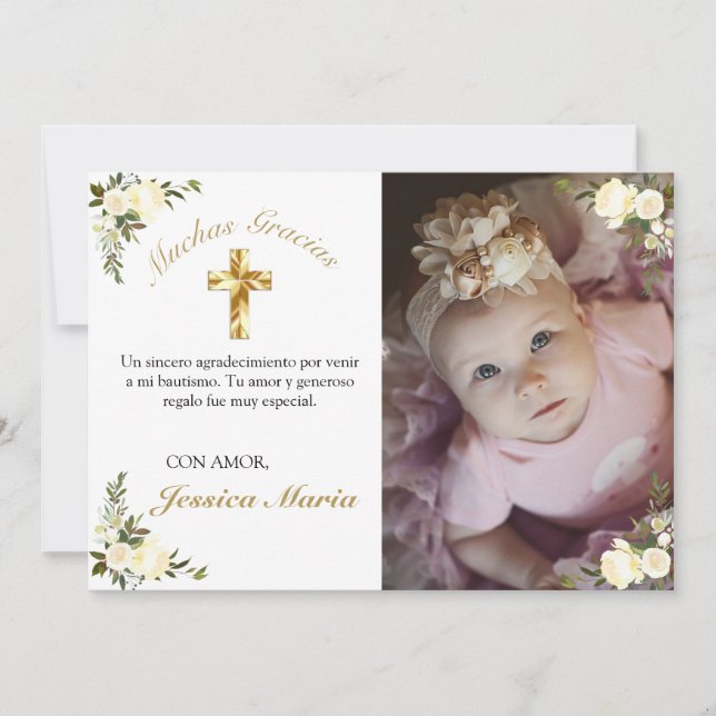 Foto De Bautismo De Cruz De Oro Blommigt Gracias Tack Kort (Framsida)
