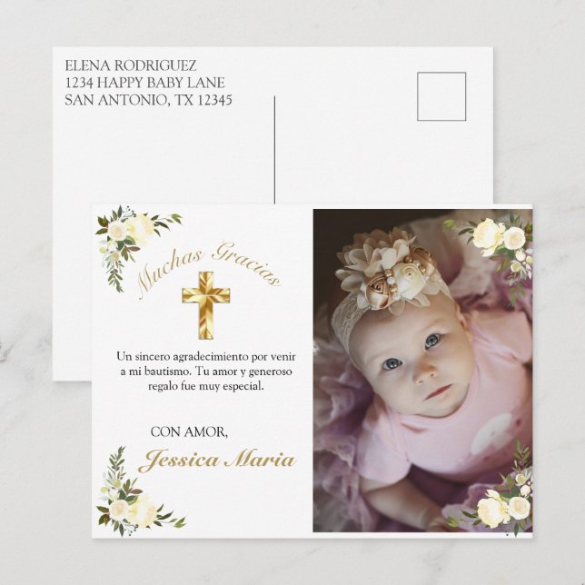 Foto De Bautismo De Cruz De Oro Blommigt Gracias Vykort (Fram/baksida)