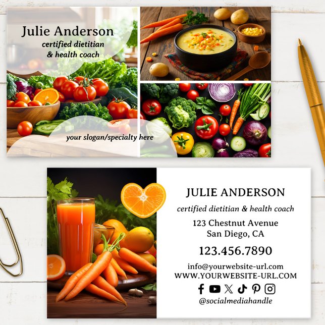 Foto Dietist Nutritionist Hälsocoach Visitkort (Professional business card for a nutritional therapist or dietitian featuring a custom photo collage)