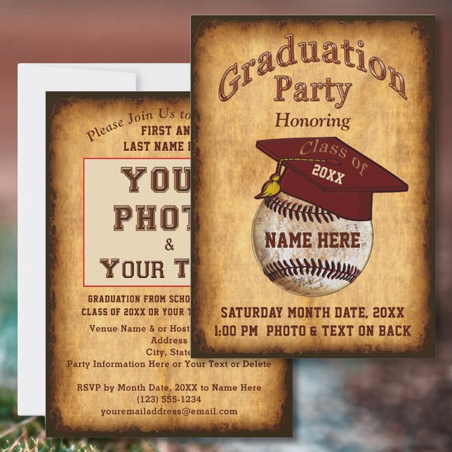 Foto, din inbjudan till textbasket Studenten (Baseball Graduation Invitations. Baseball themed graduation. Baseball theme graduation party. Old.)