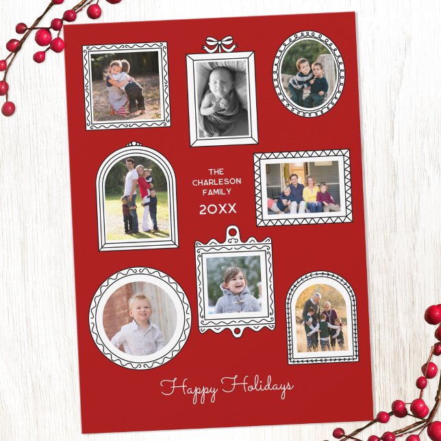 Foto Doodle Ram Modern Rolig Bildvägg Julkort (Modern fun personalized familly photo doodle frame picture wall style holiday card)
