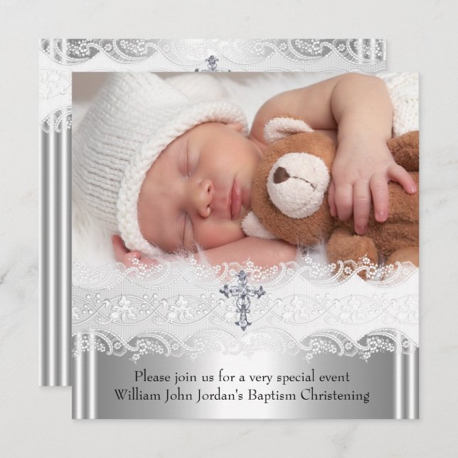 Foto Dop Lace Kors Bebis Pojke Flicka Silver 2 Inbjudningar (Fram/baksida)