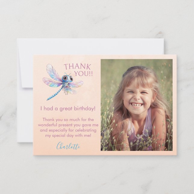 Foto Dragonfly Girl's Birthday Tack you Card (Framsida)