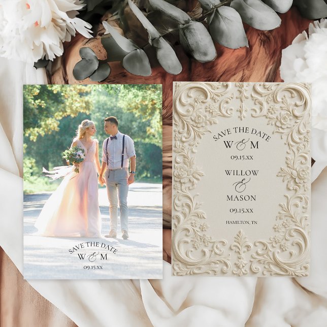 Foto Elegant Barock Bröllop Spara Datumet (Photo Elegant Baroque Wedding Save The Date Front and Back)