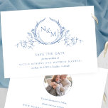 Foto, Elegant Blue Monogram Bröllop spara datum Spara Datumet<br><div class="desc">Meddela din bröllop-dejt med det här slående bröllop spara datum-kortet som innehåller hand plockade botaniska monogram elegant och sätter par initialer i blå nyanser. Elegant, cirkulär fotomall på baksidan, behöver inte lägga till ett cirkulärt foto, Zazzle passar automatiskt fotot till den cirkulära formen. Enkel, elegant, tidslängd och rent stil. Tillbaka...</div>