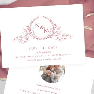 Foto, Elegant Burgundy Monogram Bröllop Spara Datumet