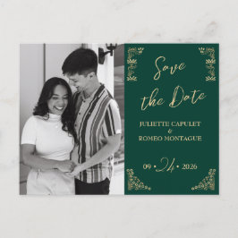 Foto,Elegant guld Art Deco på grönt spara datumet Vykort