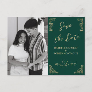 Foto,Elegant guld Art Deco på grönt spara datumet Vykort