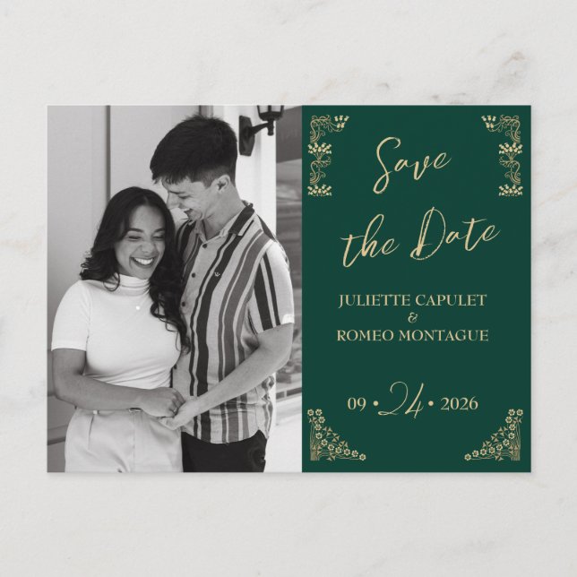 Foto,Elegant guld Art Deco på grönt spara datumet Vykort (Framsida)