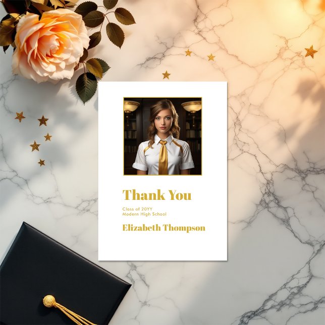 Foto elegant Guld och Vita Studenten Tack Kort (Elegant Gold and White Graduation Photo Thank You Card)