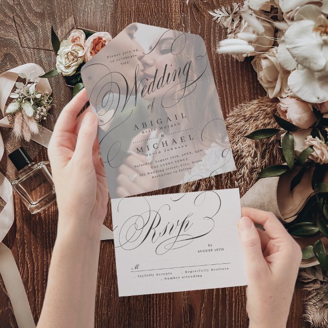 Foto elegant klassisk kalligrafi vintage bröllop (Photo elegant classic calligraphy vintage wedding all in one invitation)