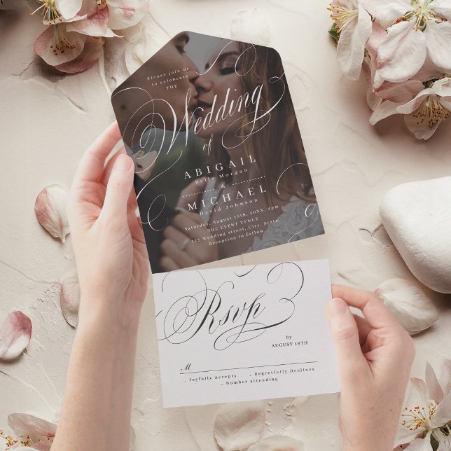 Foto elegant klassisk kalligrafi vintage bröllop (Photo elegant classic calligraphy vintage wedding all in one invitation)