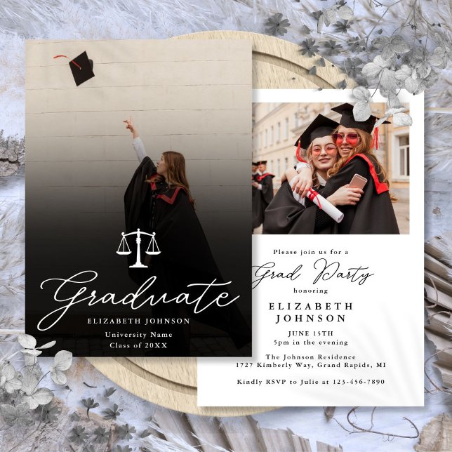 Foto Elegant Skript Juristexamen Studentfest Inbjudningar (Photo Elegant Script Law School Graduation Party Invitation)