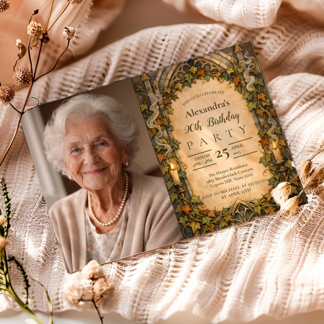 Foto Elegant Vintage Ivy Båge 90-årsdag Inbjudningar (Skapare uppladdad)