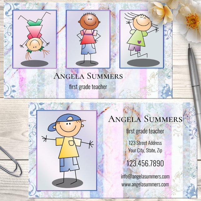 Foto- eller ritlärare eller fritidsverksamhet visitkort (Teacher business card featuring your photos or illustrations on an artistic pastel floral design)