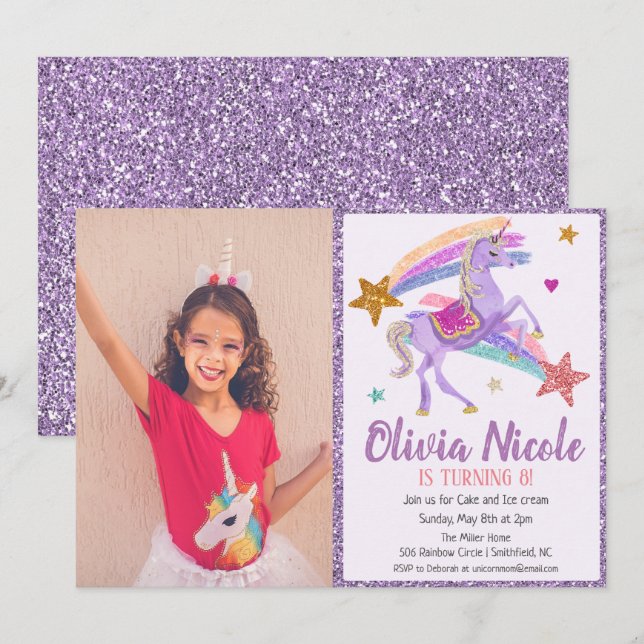 Foto Enhörning Glitter Födelsedagsinbjudan Inbjudningar (Fram/baksida)