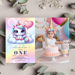 Foto Enhörning Regnbåge Glitter Guld 1-års födelse Inbjudningar