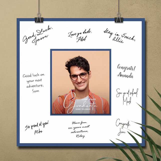 Foto Examen Autograf Blå Poster (Graduation autograph poster with your photo and blue border, INSTANT DOWNLOAD and/or PRINTED)